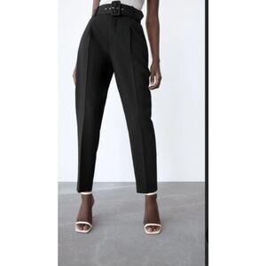 Zara Black High Rise Belted Tapered Trousers Workwear Office Pants XS